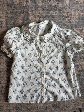 CeCe Cream Blouse with Blue Floral Print and Puff Sleeves